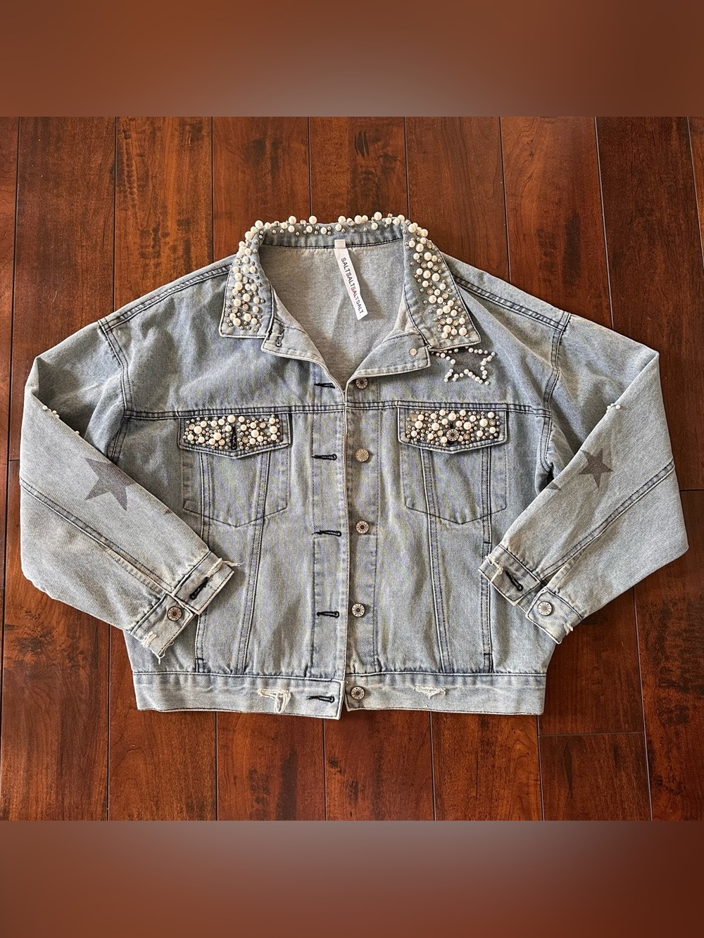 SALT Beaded & Pearls Star Distressed Denim Jean Jacket Sz Small
